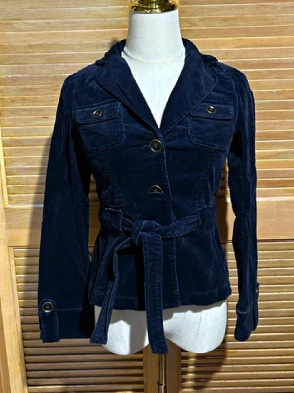 Ann Taylor LOFT Petite Navy Corduroy Belted Button Front Collared Jacket Size 2P